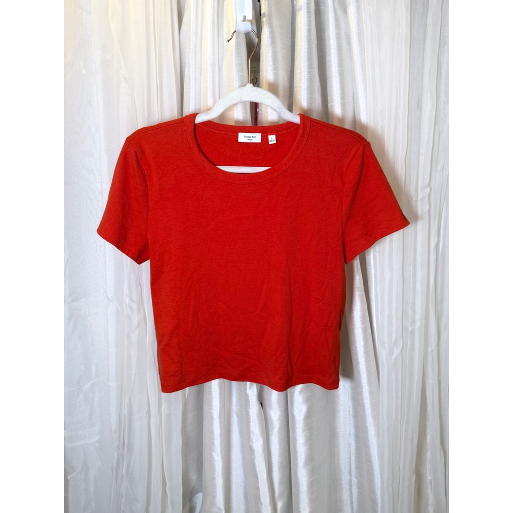 Sunday Best Aritzia Crop Top Womens Large Orange Red Ribbed Short Sleeve Tee